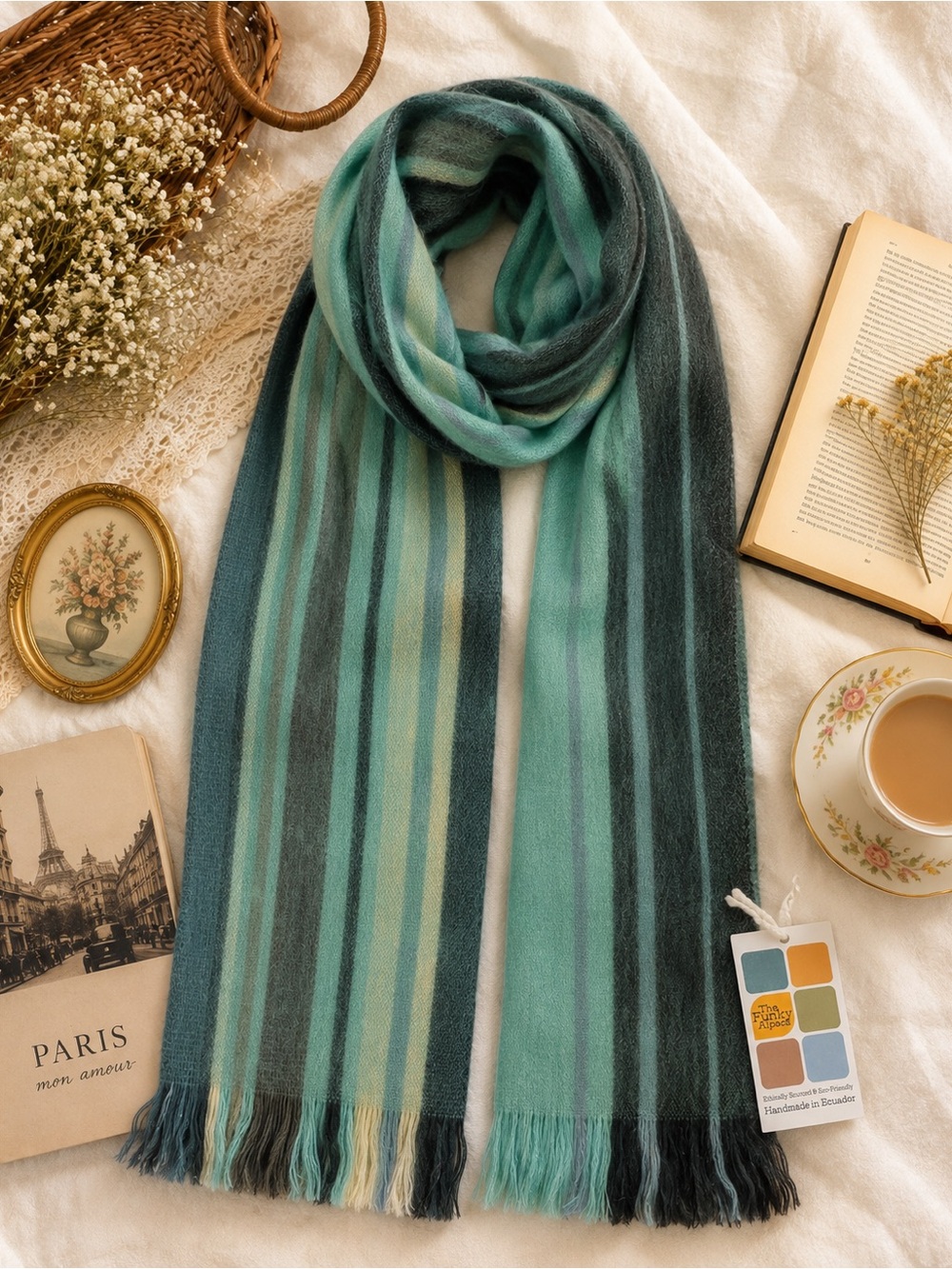 Funky Alpaca 80% Alpaca Striped Scarf Handmade Ecuador Teal Gray